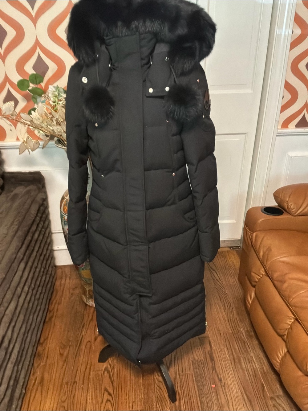 Moose Knuckles Black Long Quilted Down Puffer with Fur-Trim Hood